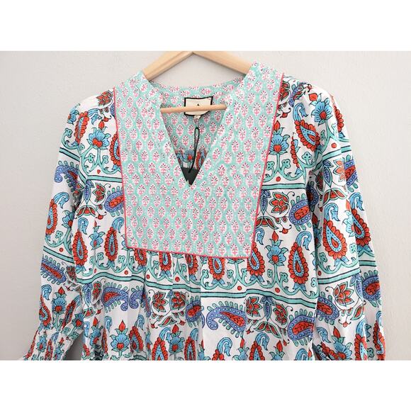 NWT Tuckernuck Kenzo Dress Teal Seagrass Block Print Boho Mini Size Medium - Picture 3 of 9